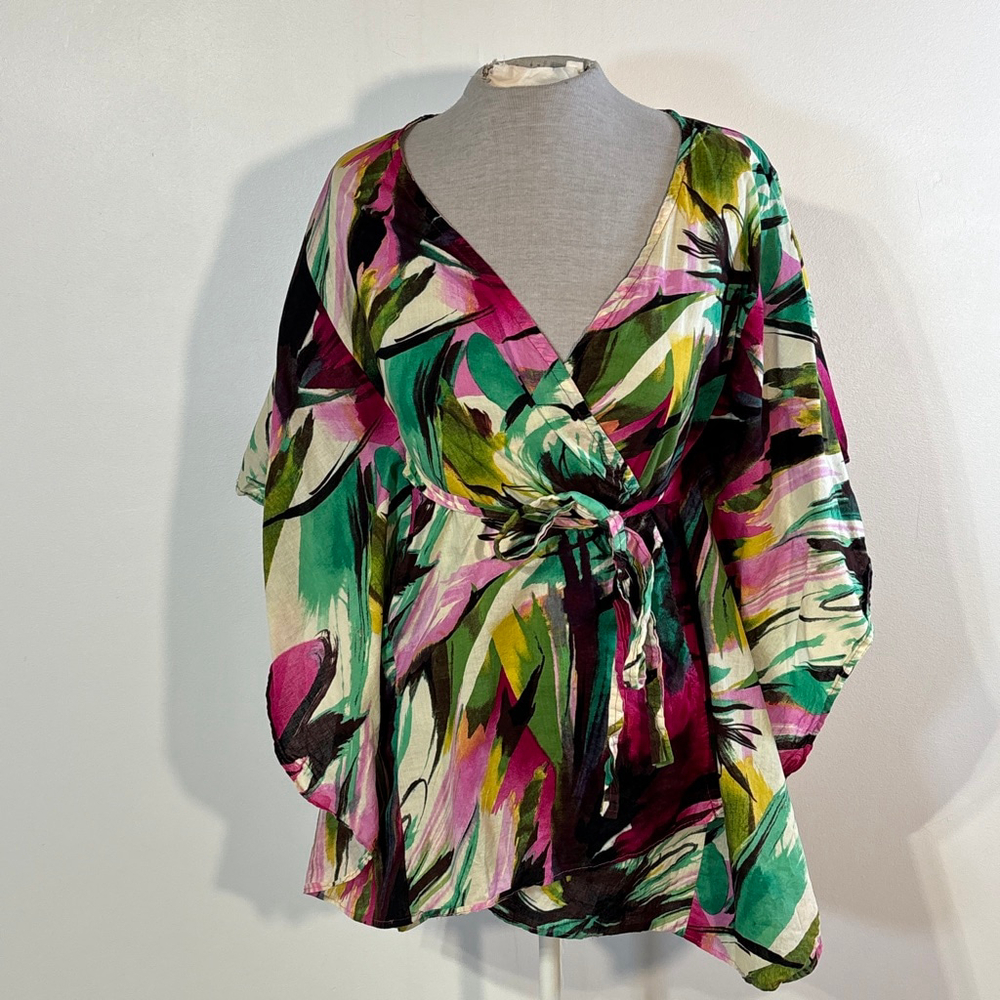 Tropical Abstract Wrap Top Kimono Sleeve Tie Waist Women’s One Size Green White